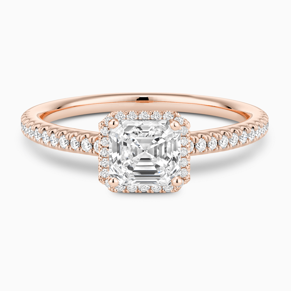 The Ecksand Diamond Halo Engagement Ring with Diamond Band shown with Asscher in 14k Rose Gold