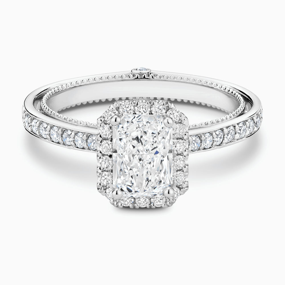 The Ecksand Diamond Halo Engagement Ring with Double Band shown with Radiant in Platinum
