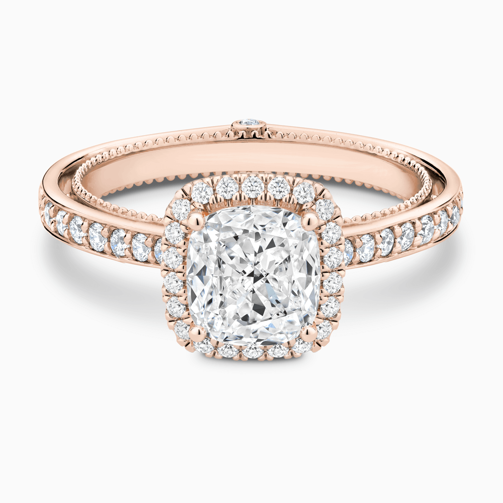 The Ecksand Diamond Halo Engagement Ring with Double Band shown with Cushion in 14k Rose Gold