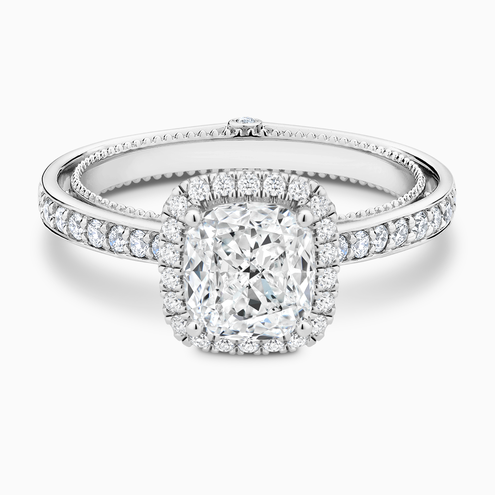 The Ecksand Diamond Halo Engagement Ring with Double Band shown with Cushion in 18k White Gold
