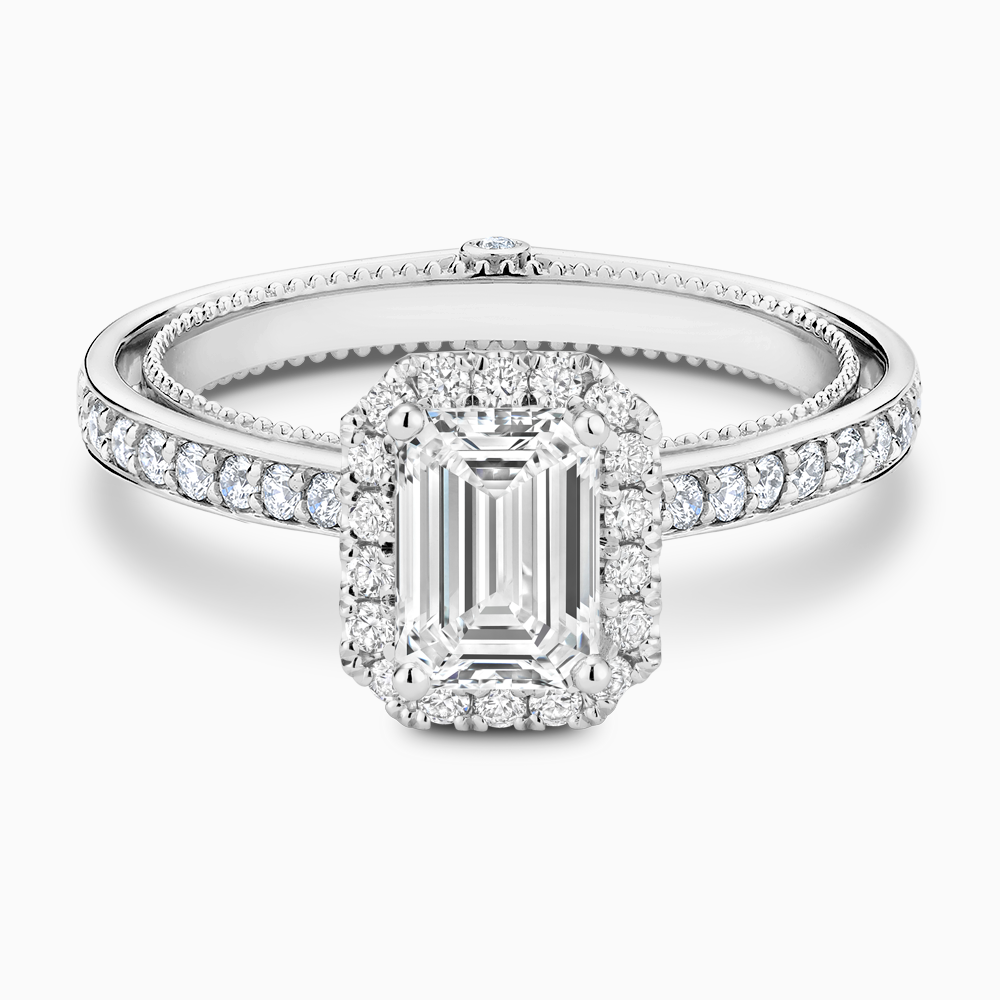 The Ecksand Diamond Halo Engagement Ring with Double Band shown with Emerald in 18k White Gold