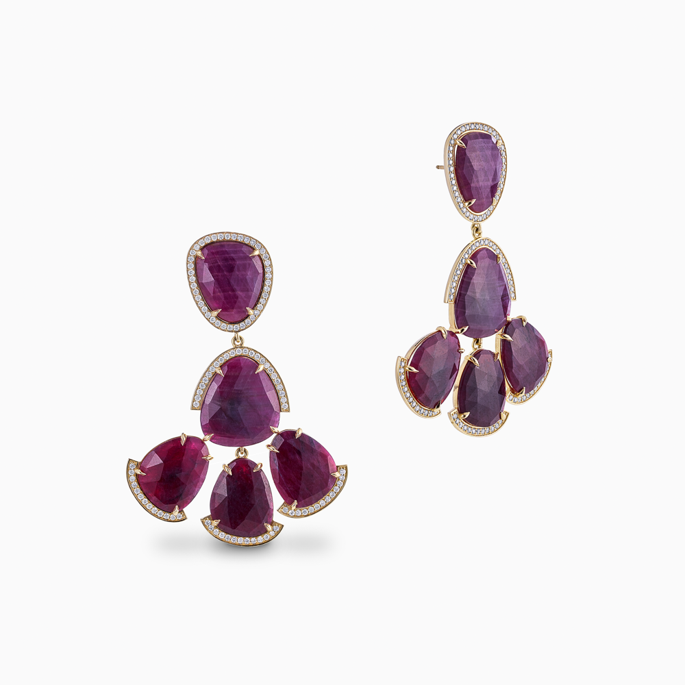 The Ecksand Diamond and Ruby Dangle Earrings shown with Lab-grown VS2+/ F+ in 14k Yellow Gold