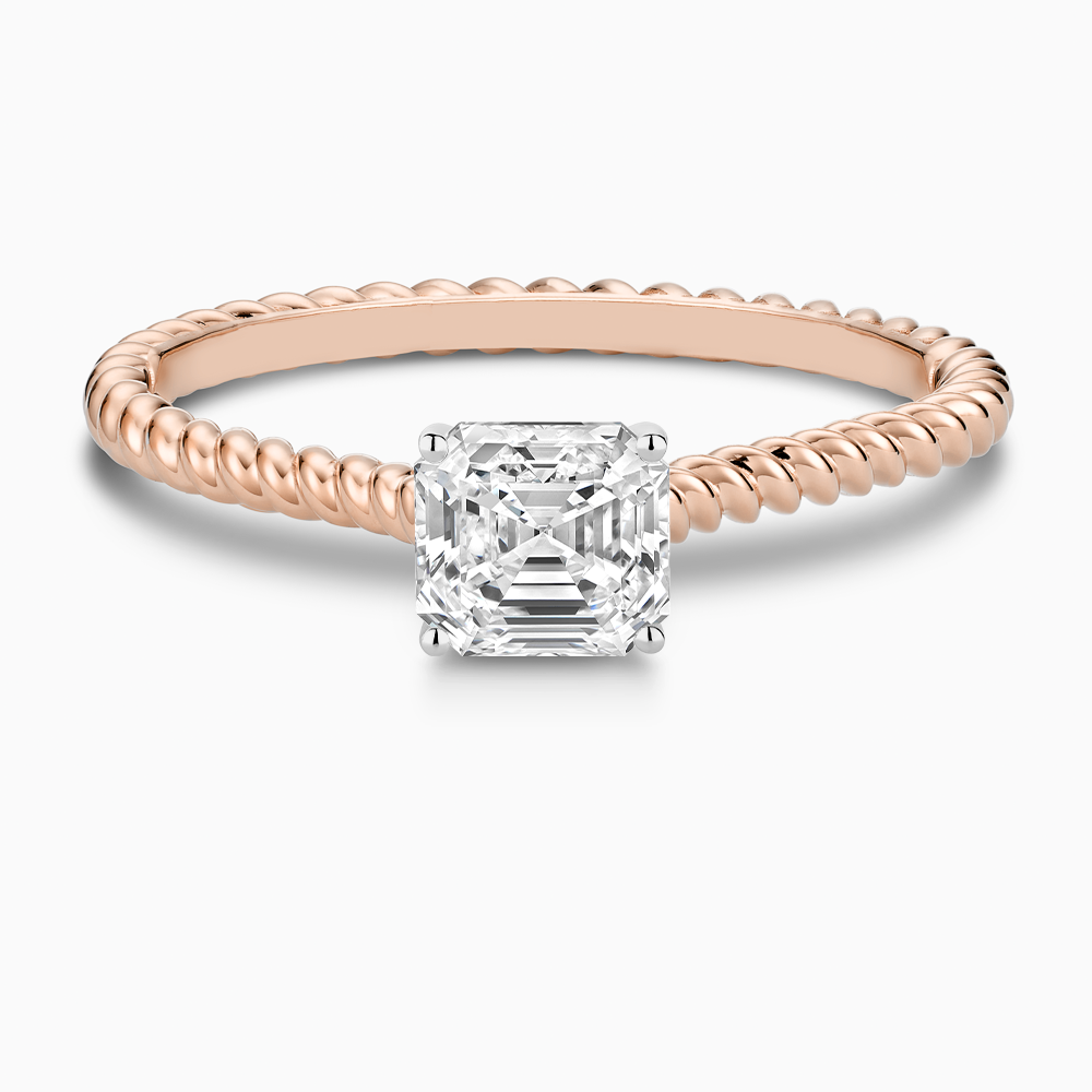The Ecksand Twisted Diamond Solitaire Engagement Ring shown with Asscher in 14k Rose Gold