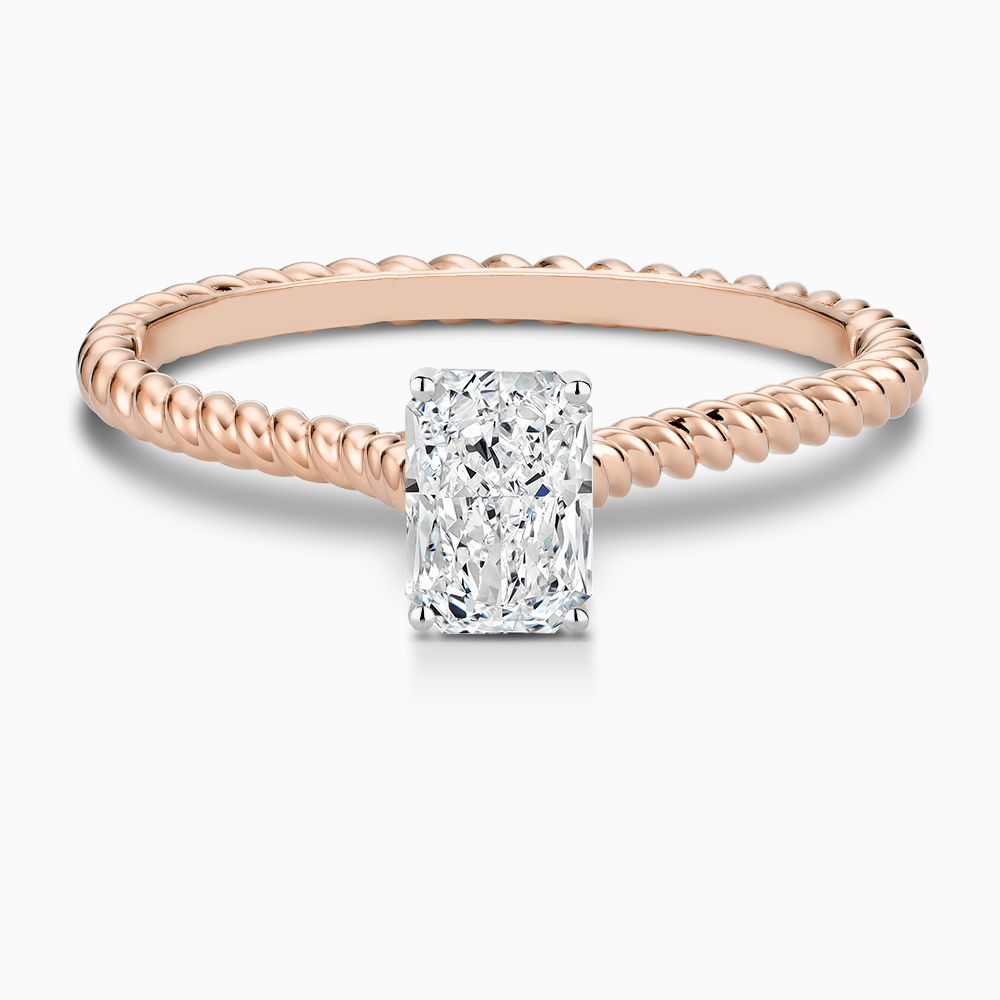 The Ecksand Twisted Diamond Solitaire Engagement Ring shown with Radiant in 14k Rose Gold