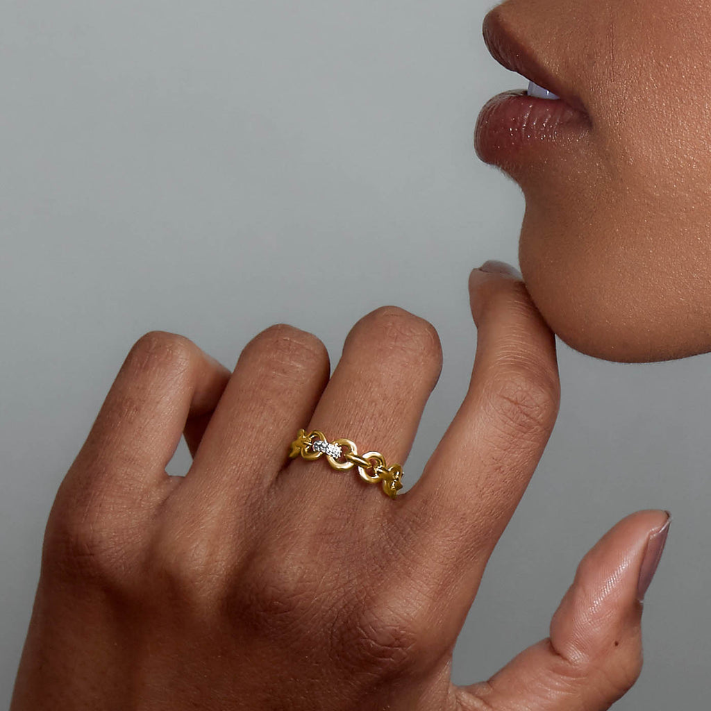The Ecksand Thin Duel Gold Chain Ring with Diamond Pavé shown with  in 