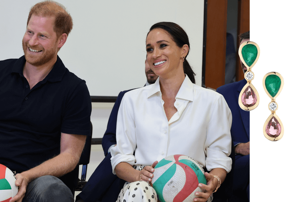 Meghan Markle Prince Harry at the Colombia Invictus Games, Meghan Markle Wears Ecksand Emerald and Sapphire Earrings. Model Image Wearing Ecksand Gemstone Earrings