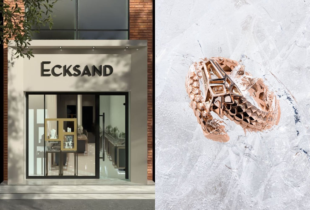 Ecksand's Montreal boutique beside a Canadian-made 14K rose gold statement ring with a scale design, frozen in ice.