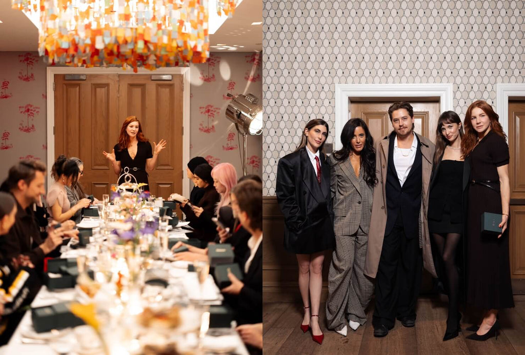 Ecksand founder Erica Bianchini & Cole Sprouse at an event celebrating Canadian-made fine jewelry.