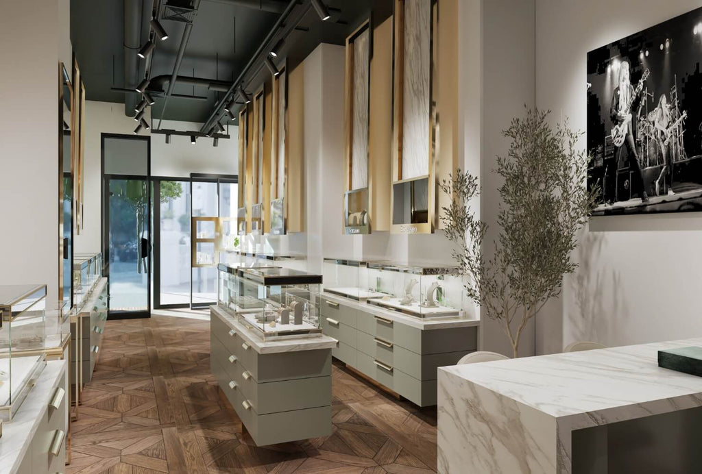 The Ecksand Montreal jewelry store, showcasing Canadian-made engagement rings and fine jewelry in modern display cases.