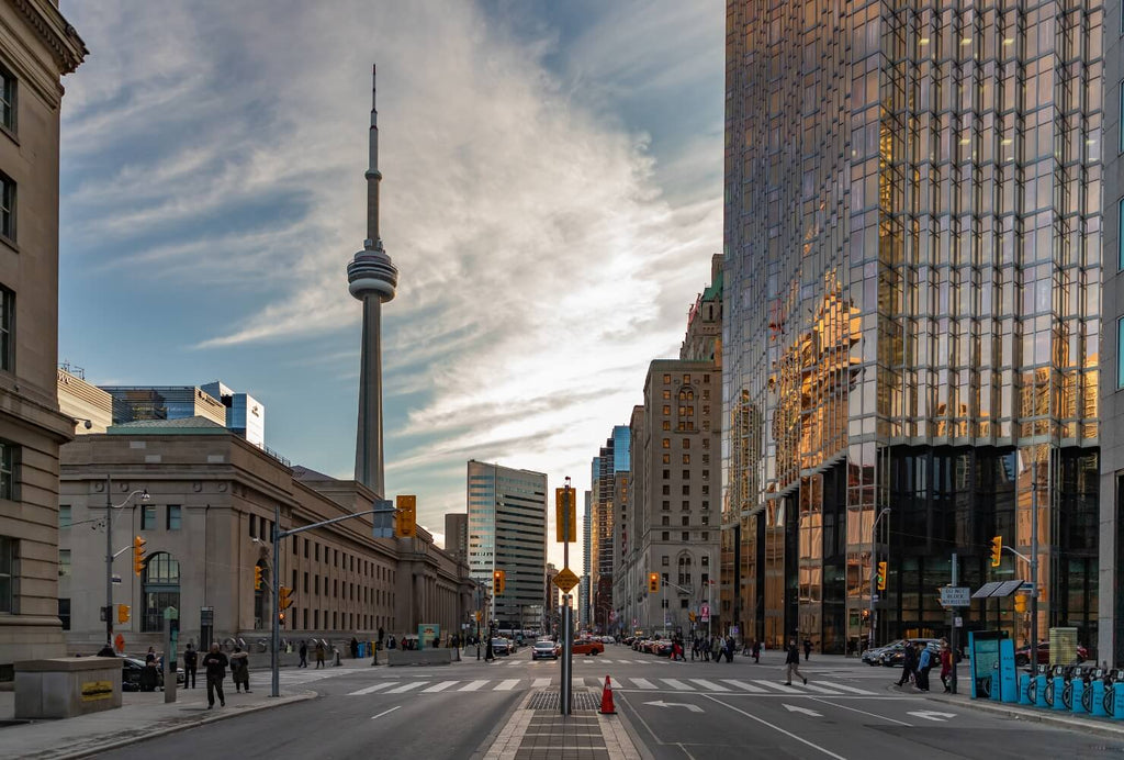 The Toronto skyline with the CN Tower, representing Ecksand's line of Canadian-made jewelry.