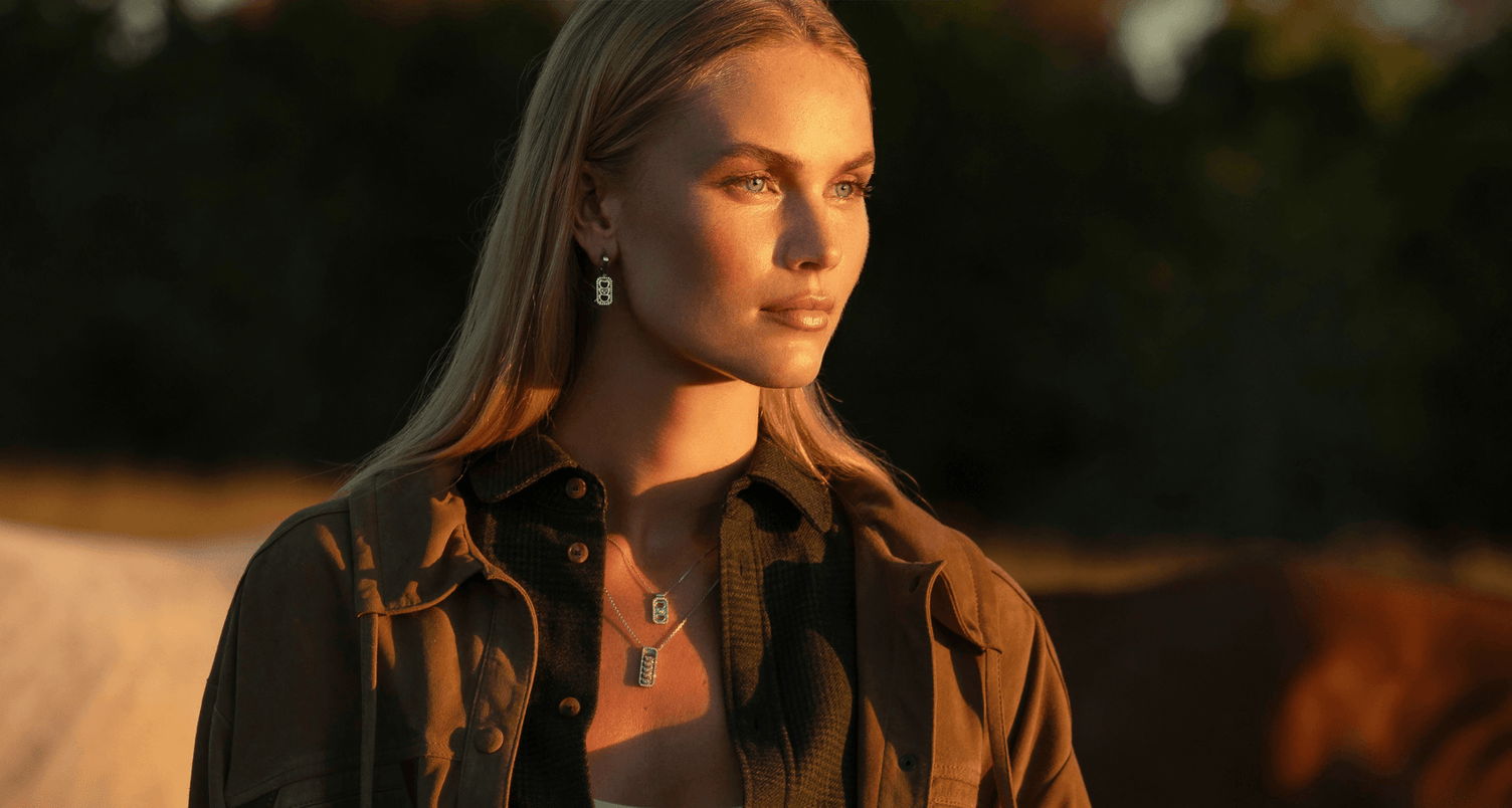 model wearing canadian-made 18k white gold reversible diamond jewelry from ecksand's aura chrome collection