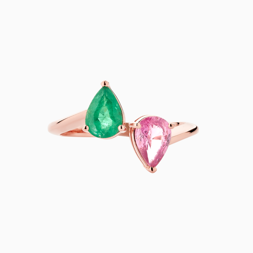 The Ecksand Two-Stone Pear-Cut Pink Sapphire and Emerald Ring shown with  in 14k Rose Gold