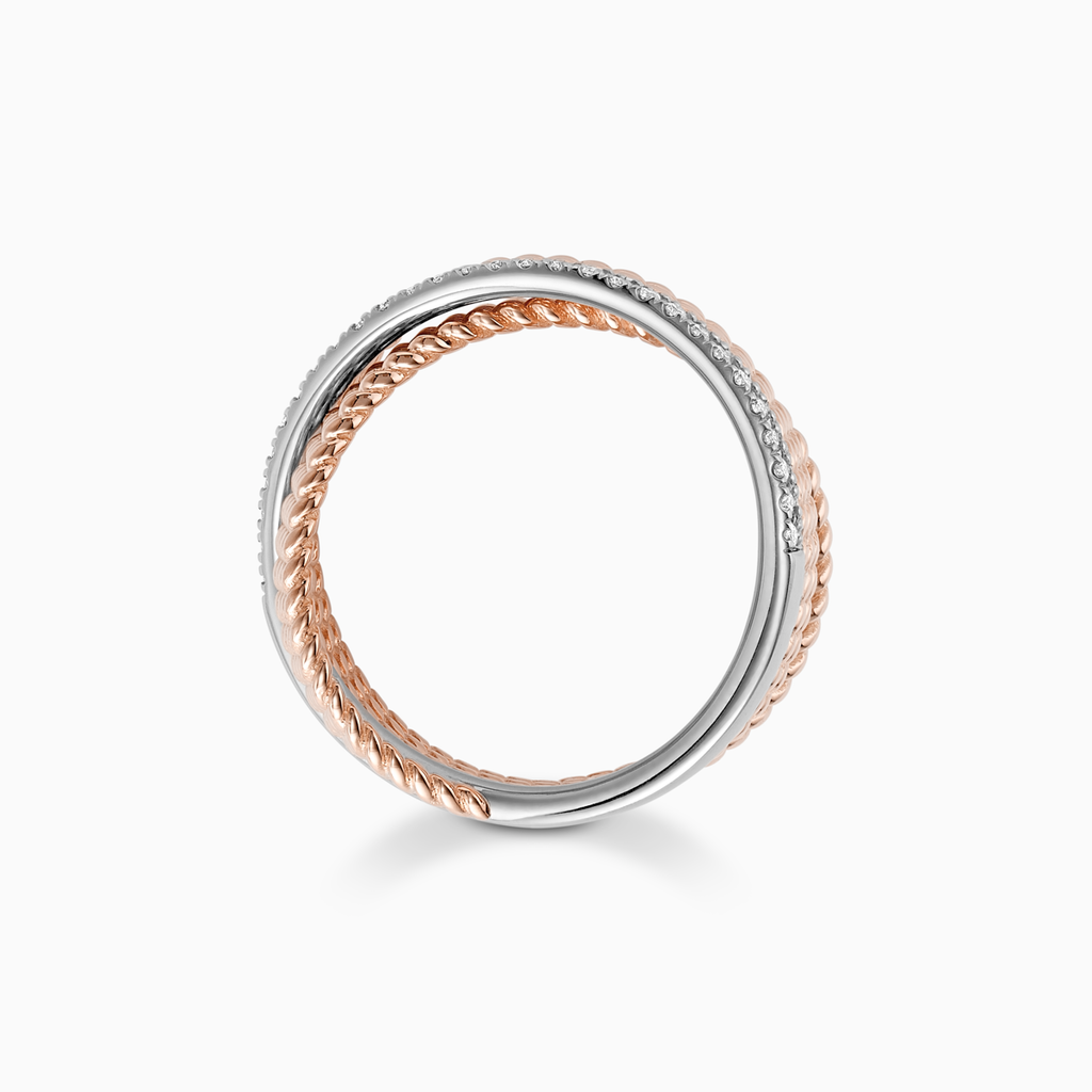 The Ecksand X-Shaped Twisted Gold Pavé Ring shown with Lab-grown VS2+/ F+ in 14k Rose Gold