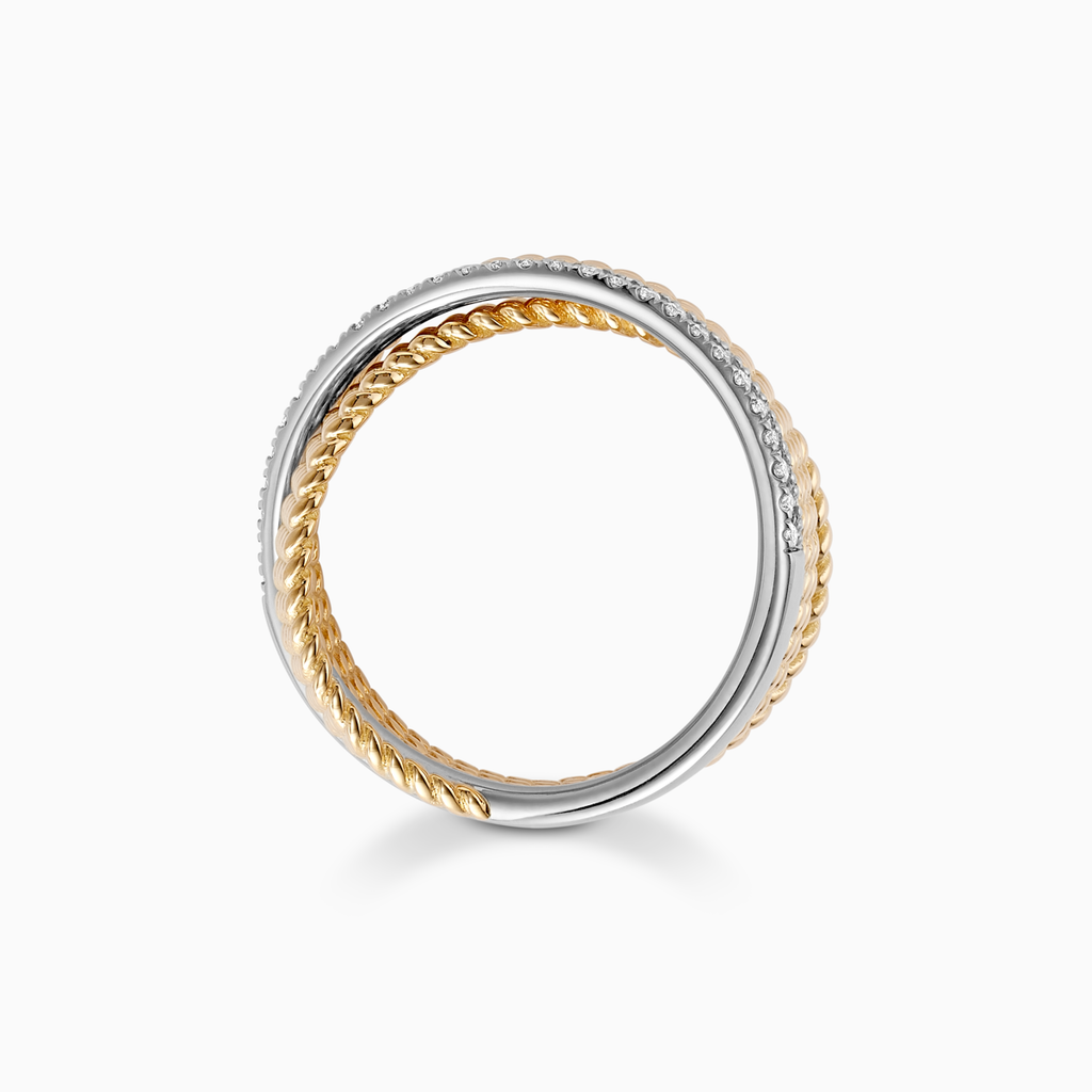 The Ecksand X-Shaped Twisted Gold Pavé Ring shown with Lab-grown VS2+/ F+ in 14k Yellow Gold