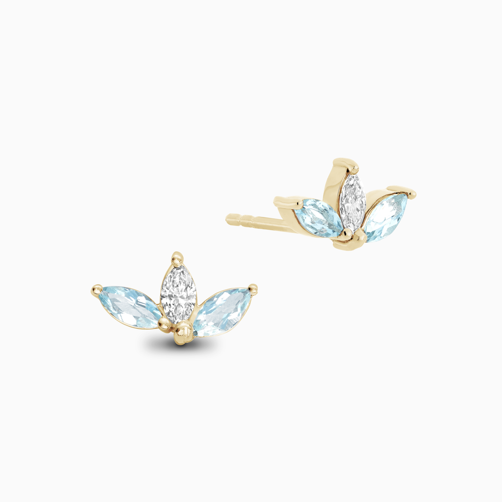 The Ecksand Marquise-Cut Diamond and Aquamarine Earrings shown with Natural VS2+/ F+ in 14k Yellow Gold