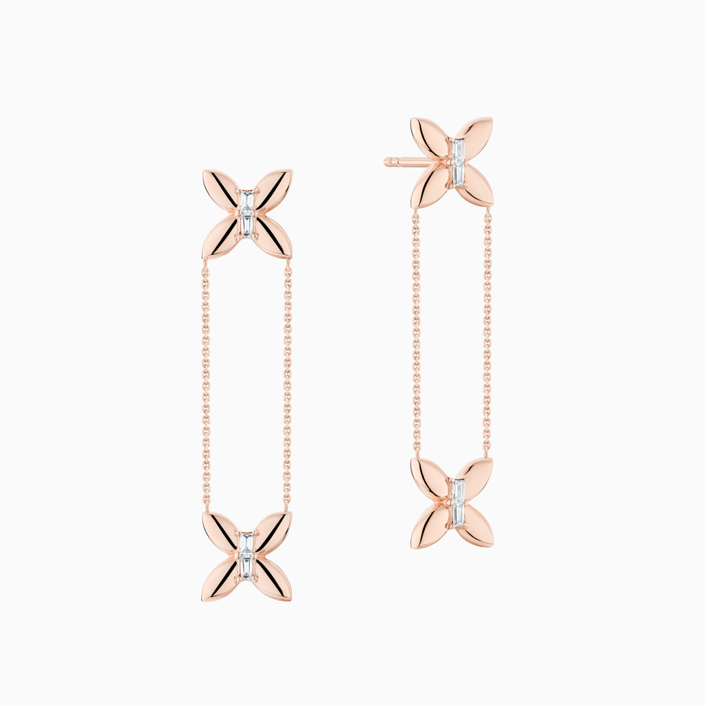 The Ecksand Butterfly Dangle Chain Earrings shown with Lab-grown VS2+/ F+ in 14k Rose Gold