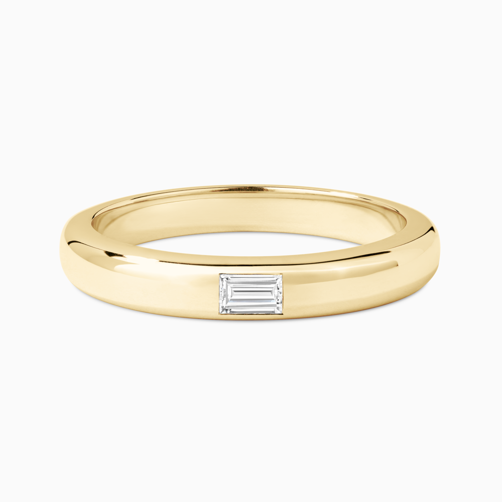 The Ecksand Timeless Wedding Ring with a Baguette Diamond shown with Natural VS2+/ F+ in 18k Yellow Gold
