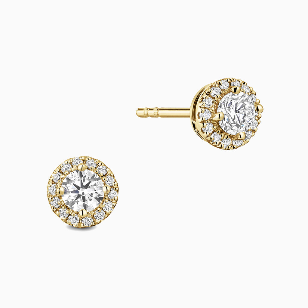 The Ecksand Diamond Halo Stud Earrings shown with Lab-grown VS2+/ F+ in 14k Yellow Gold