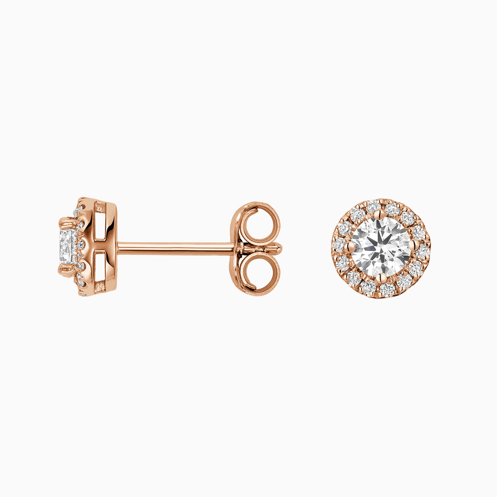 Angled view of Ecksand's Diamond Halo Stud Earrings in 18k Rose Gold, Natural VS2+/ F+ #2