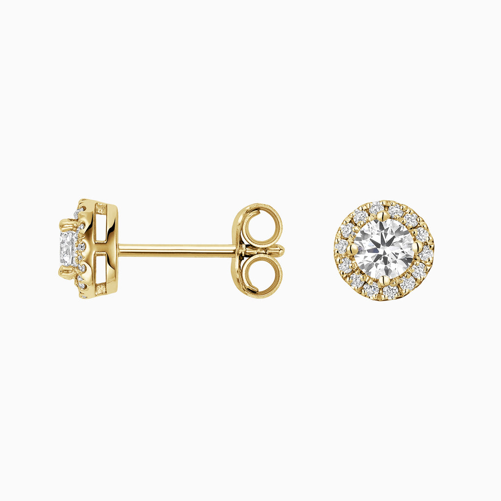 Angled view of Ecksand's Diamond Halo Stud Earrings in 18k Yellow Gold, Natural VS2+/ F+ #2