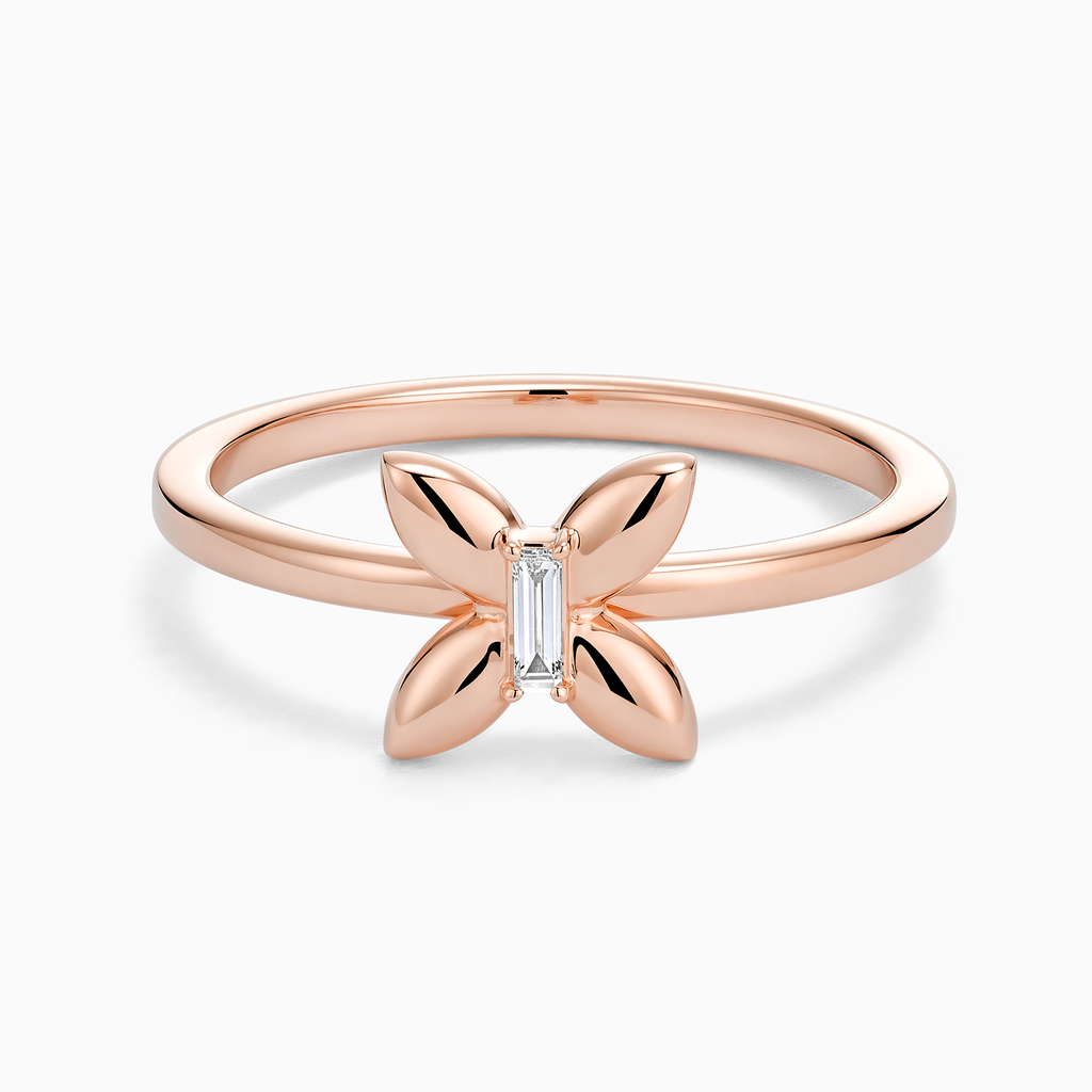 Angled view of Ecksand's Butterfly Diamond Ring in 14k Rose Gold, Natural VS2+/ F+