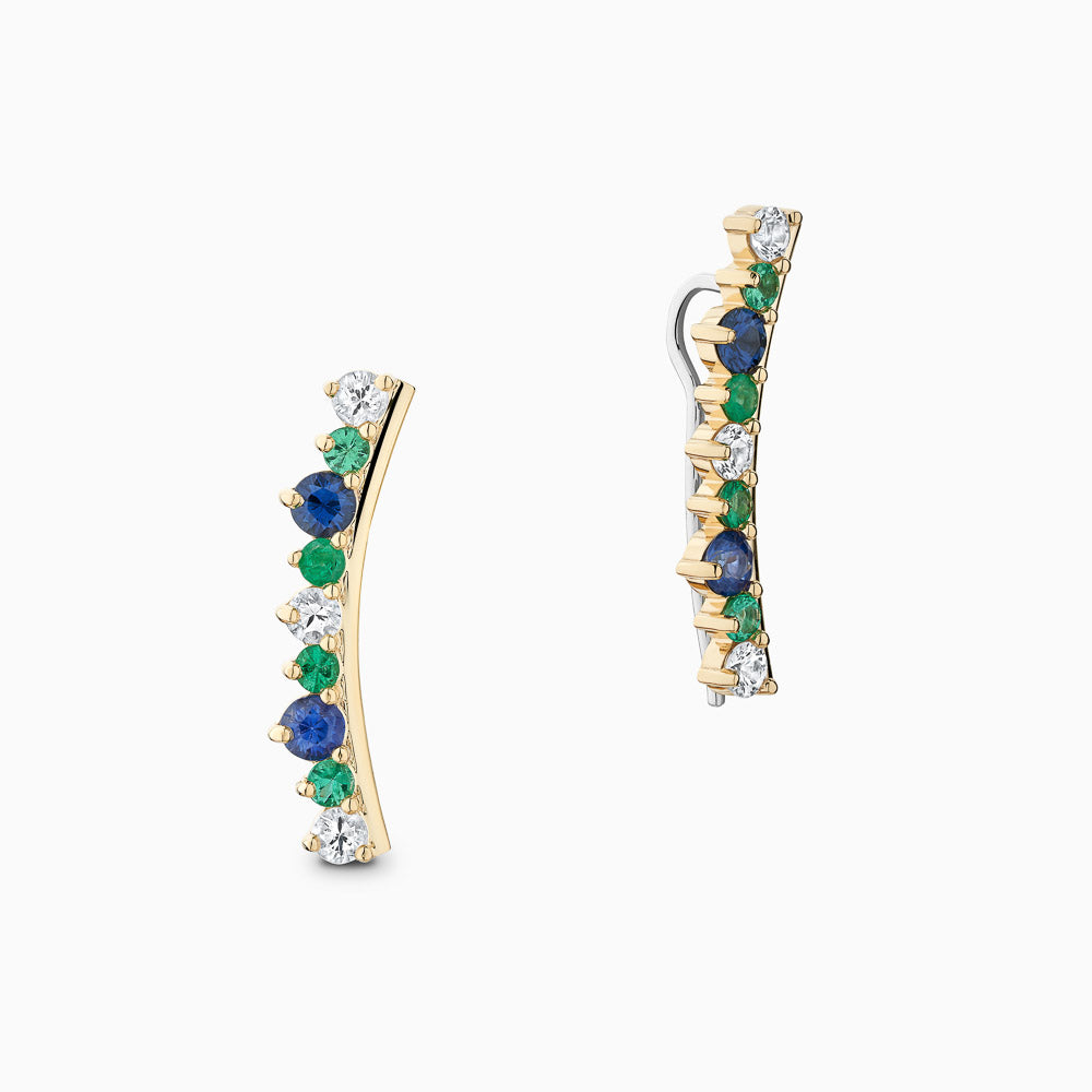 The Ecksand Asymmetrical Gemstone Crawler Earrings shown with  in 14k Yellow Gold