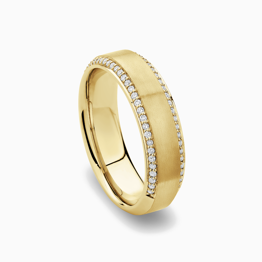 The Ecksand Brushed Wedding Ring with Diamond Pave shown with Natural VS2+/ F+ in 14k Yellow Gold