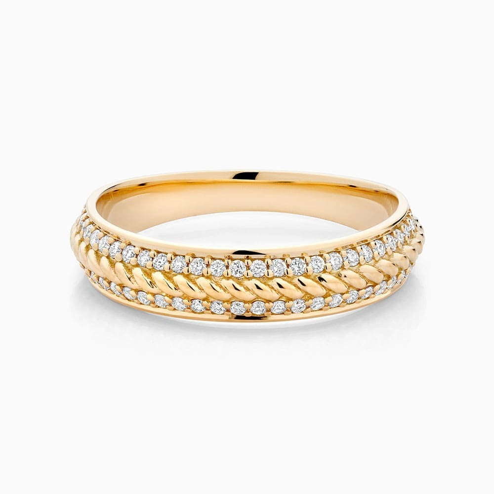 The Ecksand Twisted Gold Ring with Diamond Pavé shown with Lab-grown VS2+/ F+ in 14k Yellow Gold