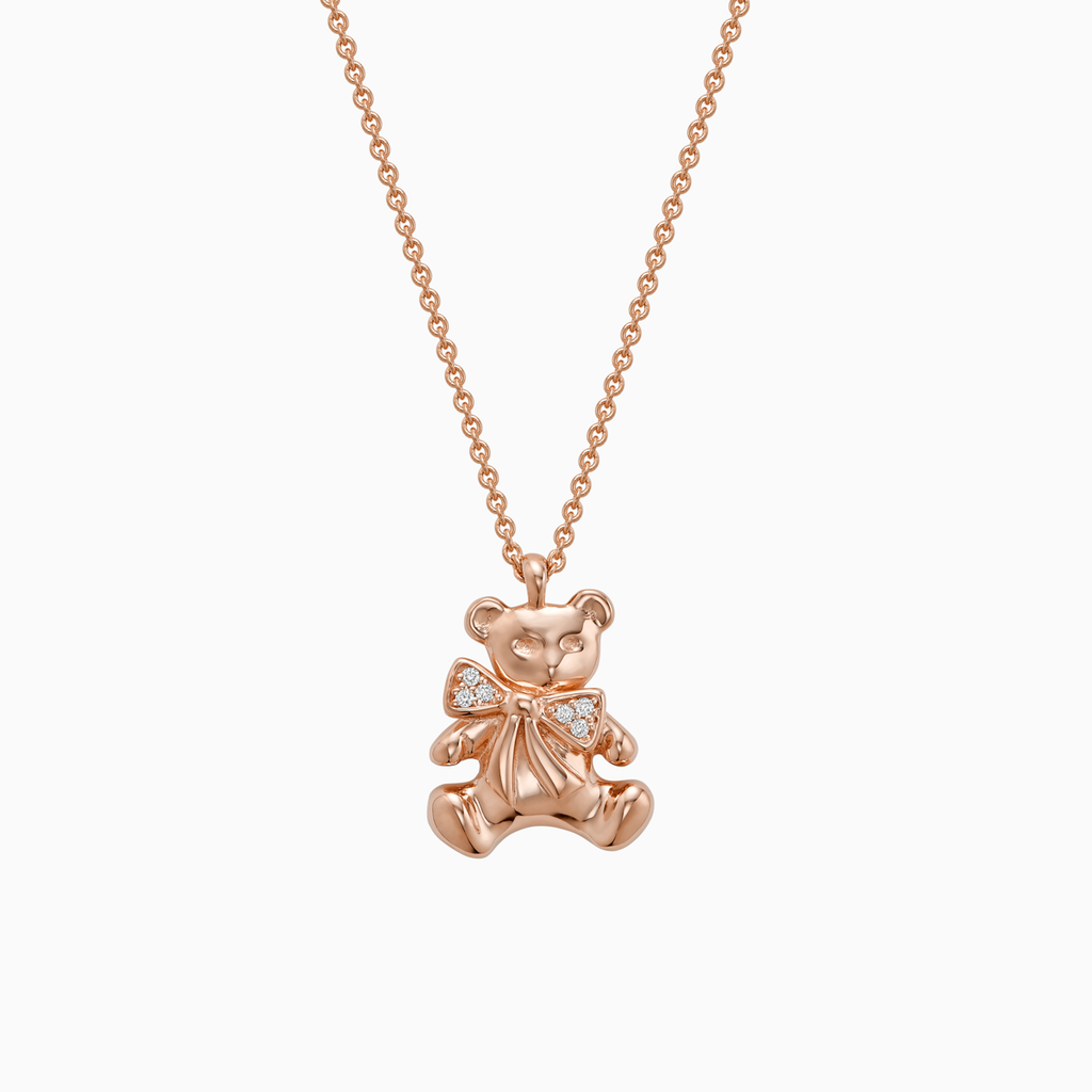The Ecksand Teddybear Charm Diamond Pendant Necklace shown with Natural VS2+/ F+ in 14k Rose Gold