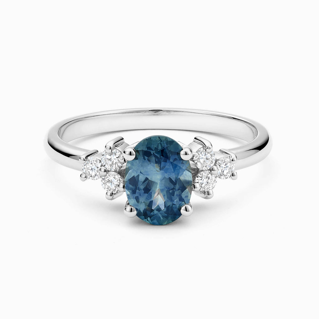 The Ecksand Blue Sapphire Engagement Ring with Six Side Diamonds shown with Natural VS2+/ F+ in 14k White Gold