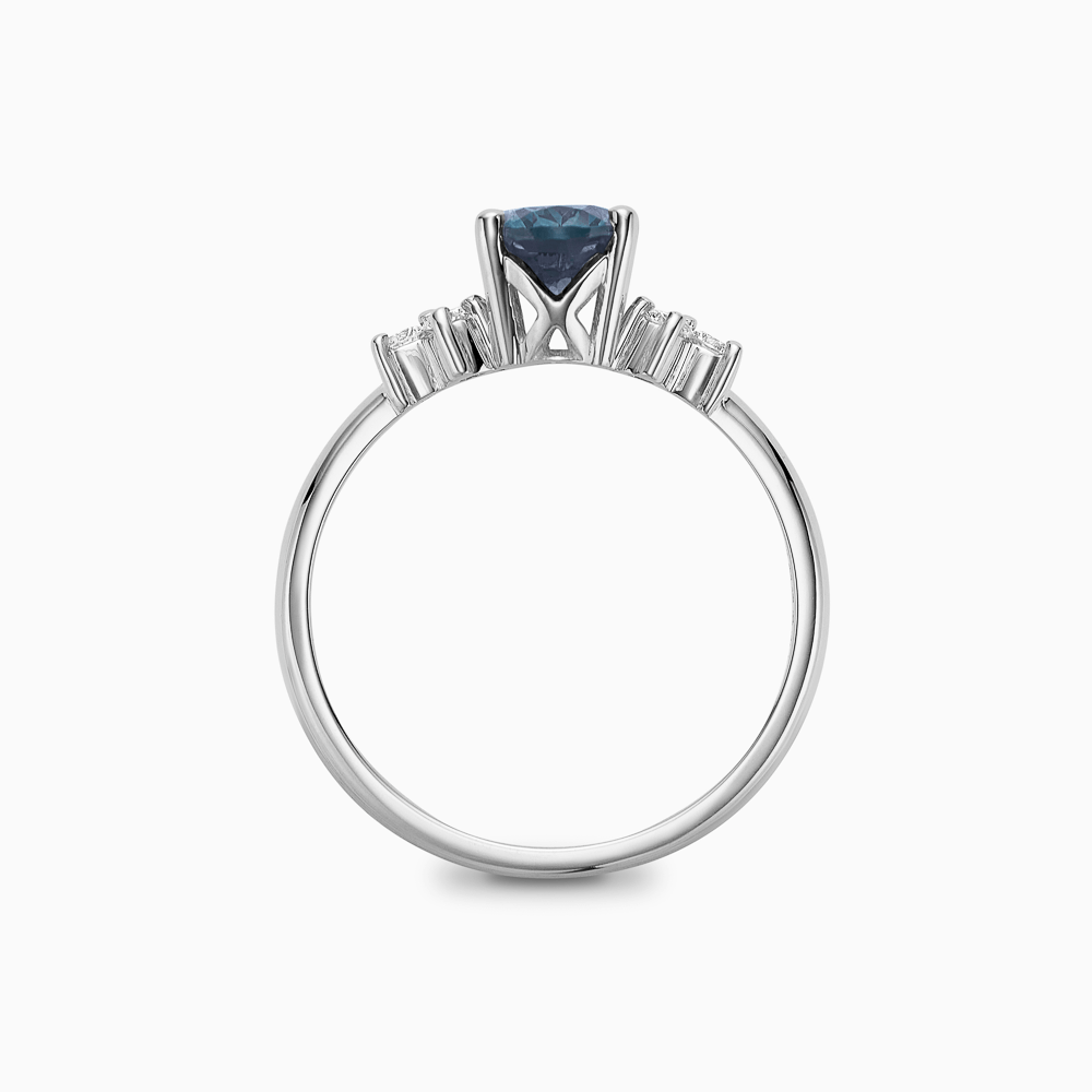 Profile view of Ecksand's Blue Sapphire Engagement Ring with Six Side Diamonds in Platinum, Lab-grown VS2+/ F+