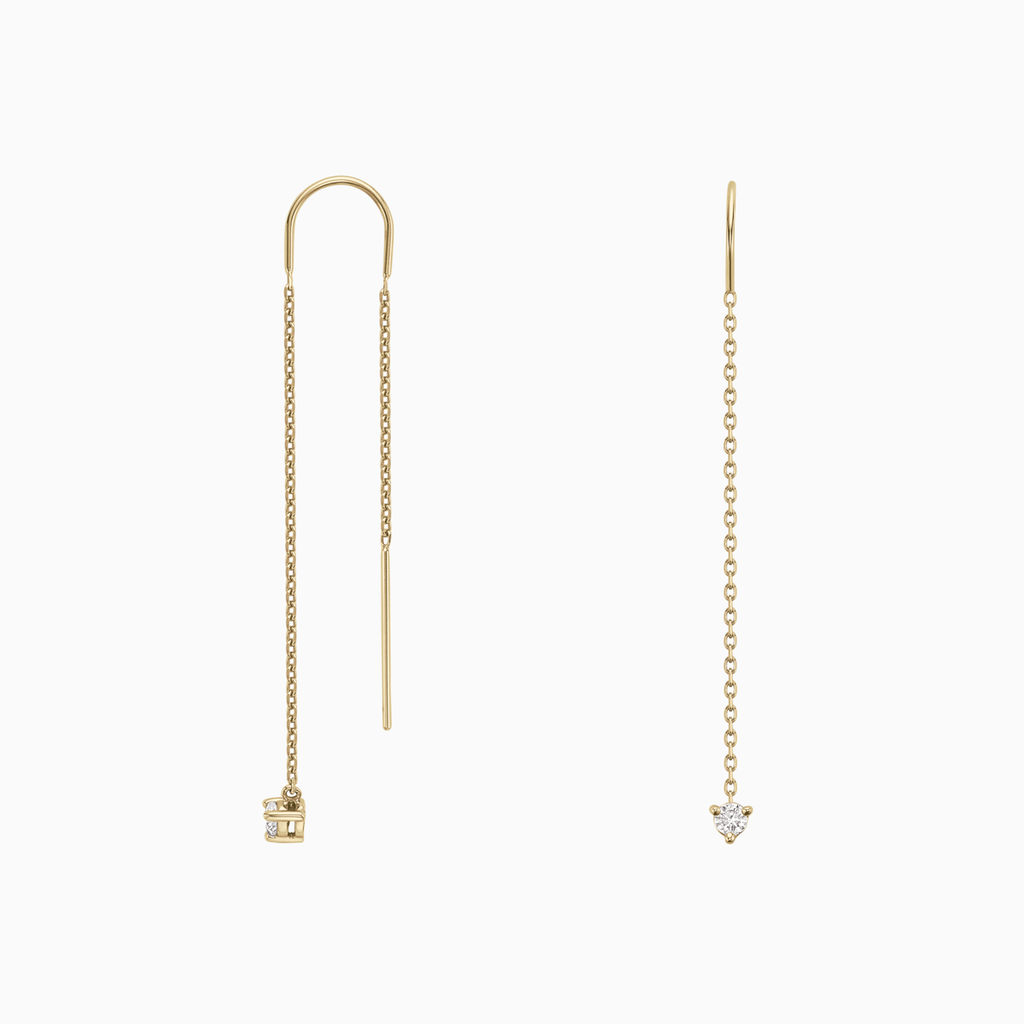 The Ecksand Three-Prong Diamond Dangle Earrings shown with Natural VS2+/ F+ in 14k Yellow Gold