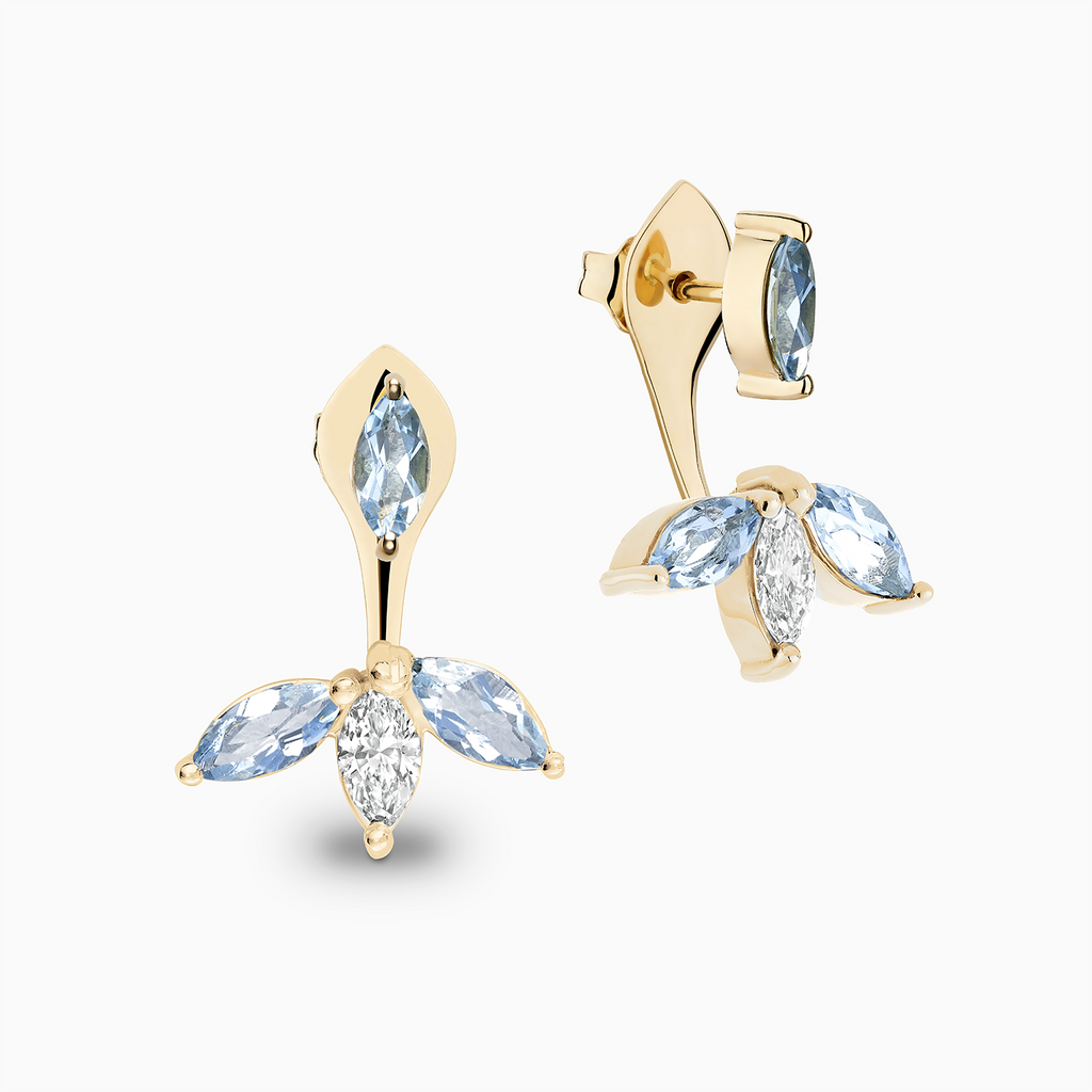 The Ecksand Diamond and Aquamarine Jacket Earrings shown with Natural VS2+/ F+ in 14k Yellow Gold