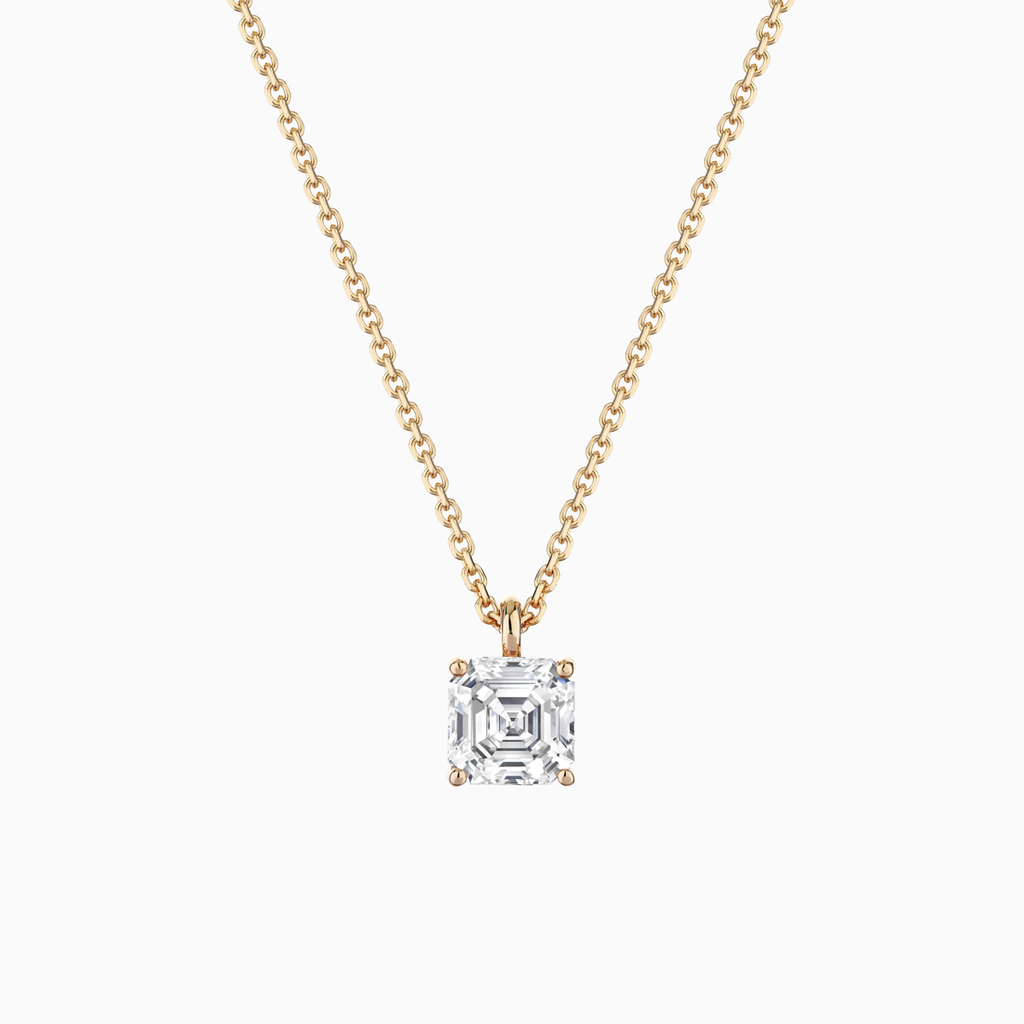 The Ecksand Asscher-Cut Diamond Pendant Necklace shown with Natural VS2+/ F+ in 14k Yellow Gold