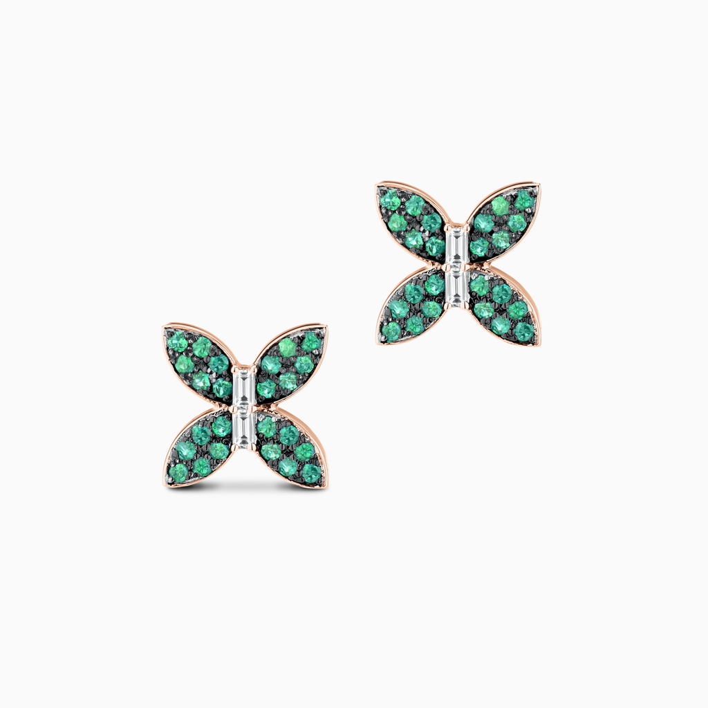 The Ecksand Butterfly Earrings with Accent Emeralds and Diamonds shown with Natural VS2+/ F+ in 14k Rose Gold