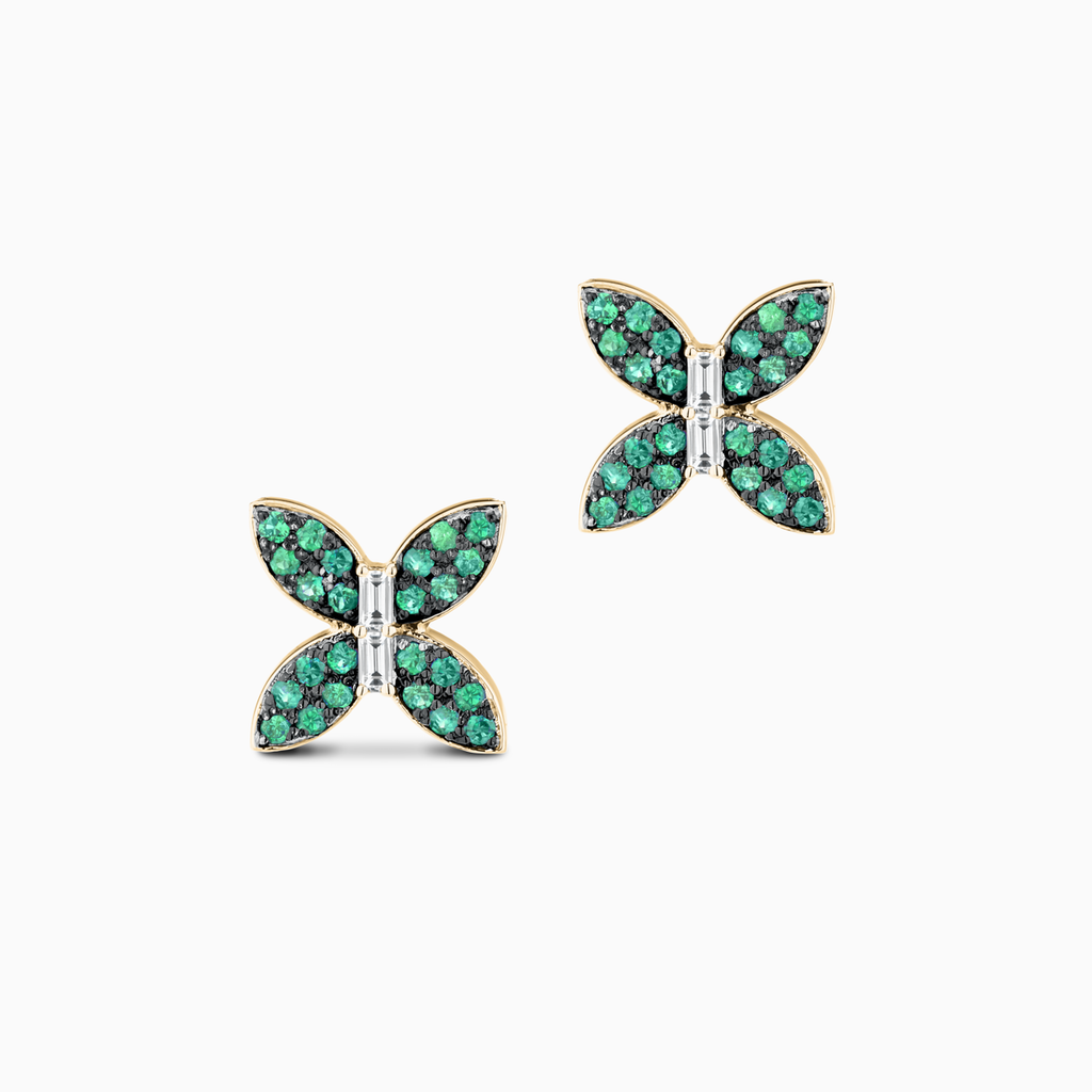 The Ecksand Butterfly Earrings with Accent Emeralds and Diamonds shown with Natural VS2+/ F+ in 14k Yellow Gold