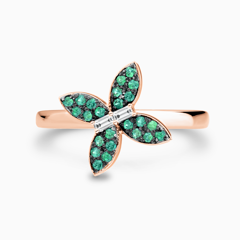 The Ecksand Emerald Butterfly Ring with Accent Diamonds shown with Lab-grown VS2+/ F+ in 14k Rose Gold