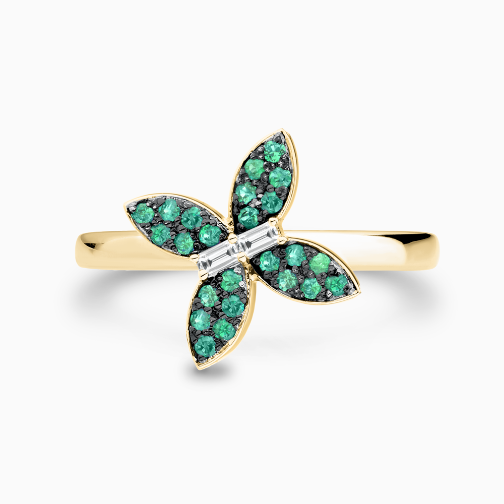 The Ecksand Emerald Butterfly Ring with Accent Diamonds shown with Lab-grown VS2+/ F+ in 14k Yellow Gold
