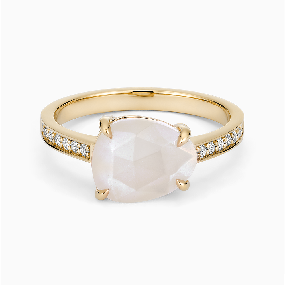 The Ecksand Moonstone East-West Cocktail Ring with Diamond Pave shown with Lab-grown VS2+/ F+ in 14k Yellow Gold