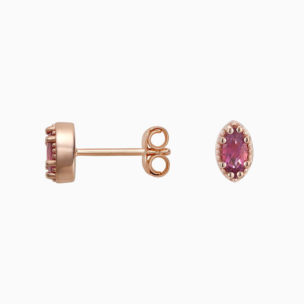 Angled view of Ecksand's Marquise Pink Tourmaline Stud Earrings with Milgrain Halo in 18k Rose Gold