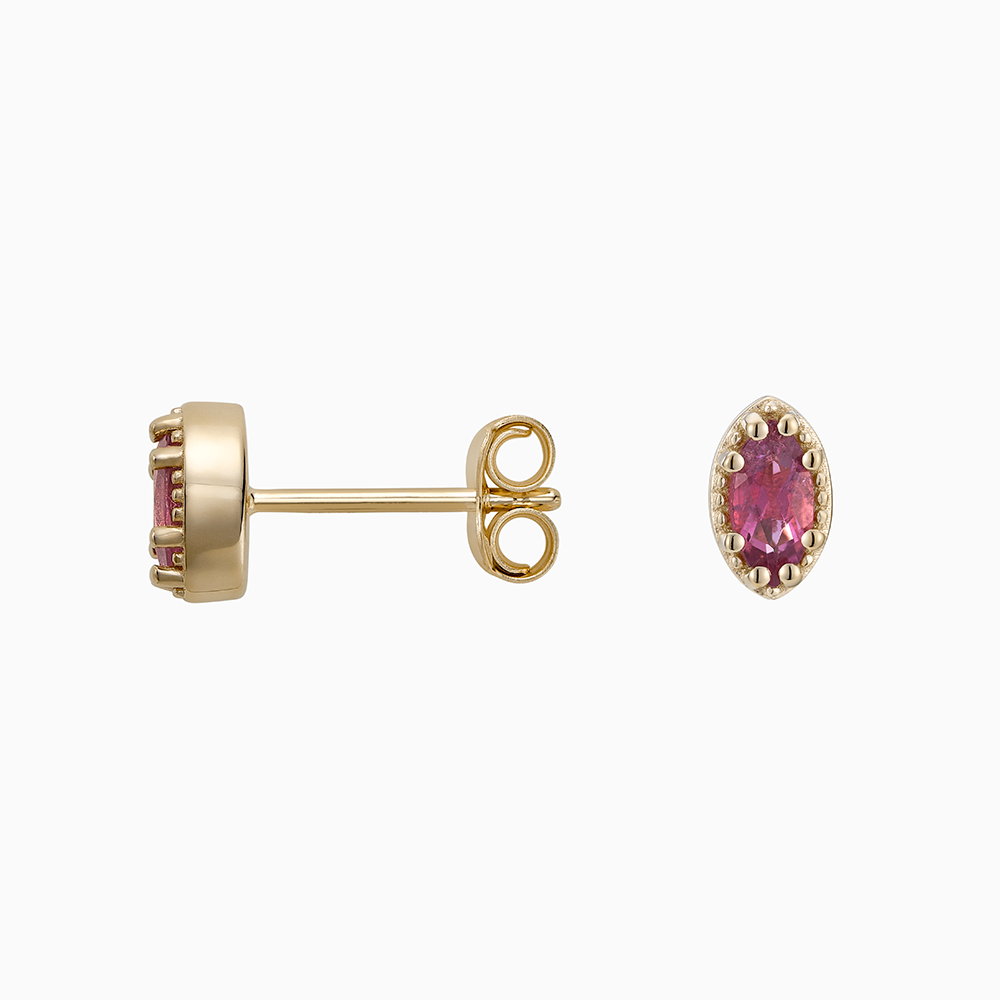 Angled view of Ecksand's Marquise Pink Tourmaline Stud Earrings with Milgrain Halo in 18k Yellow Gold