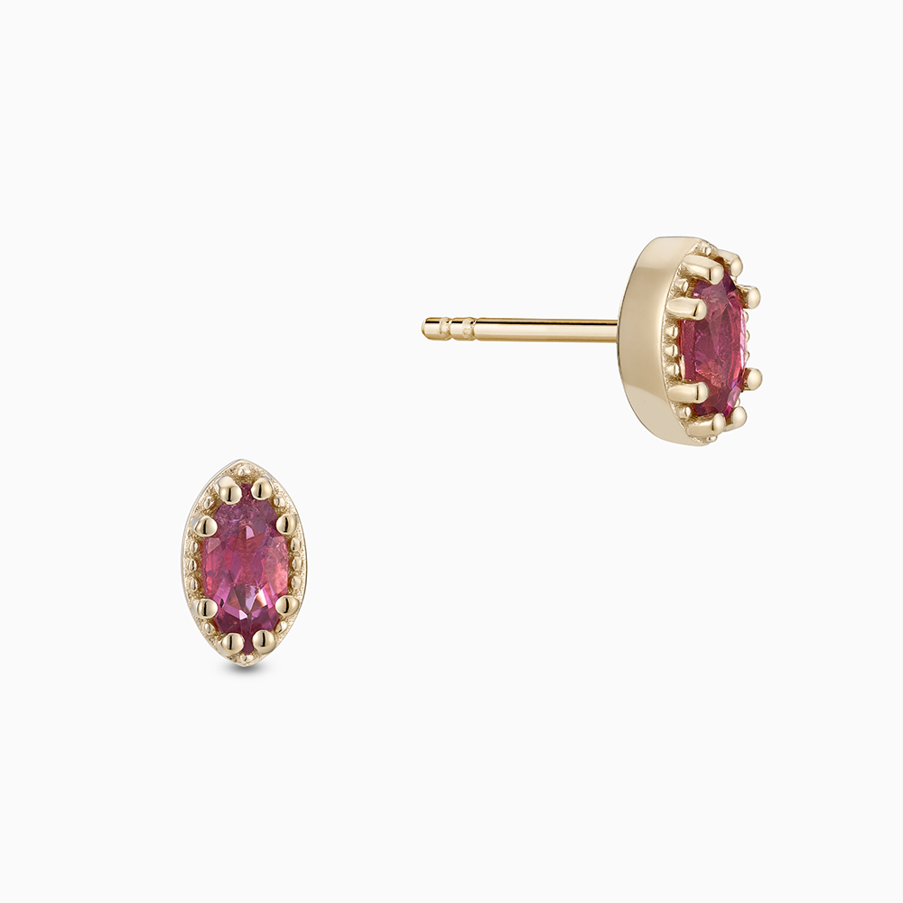 Face view of Ecksand's Marquise Pink Tourmaline Stud Earrings with Milgrain Halo in 18k Yellow Gold