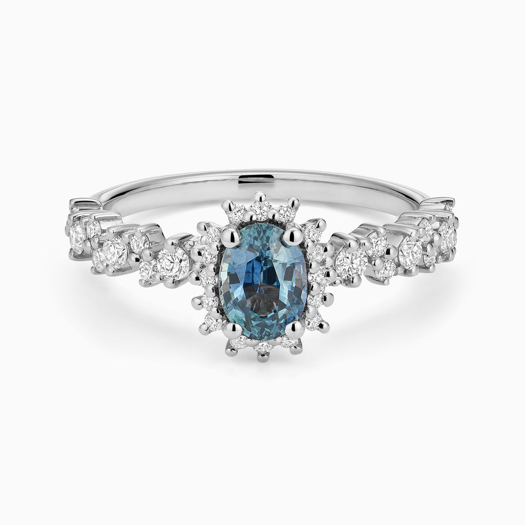 The Ecksand Blue Sapphire Engagement Ring with Side Diamonds shown with Lab-grown VS2+/ F+ in 14k White Gold