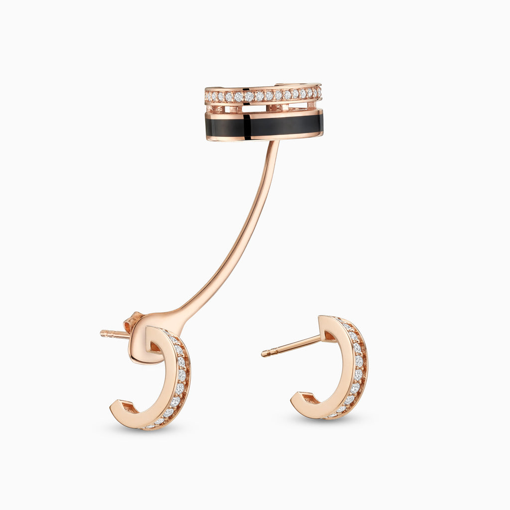 The Ecksand Black Enamel Conch Earring with Hoop Studs and Diamond Pavé shown with Lab-grown VS2+/ F+ in 14k Rose Gold