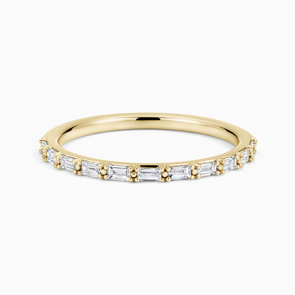 The Ecksand Baguette Diamond Wedding Ring with Prong Detail shown with Natural VS2+/ F+ in 14k Yellow Gold