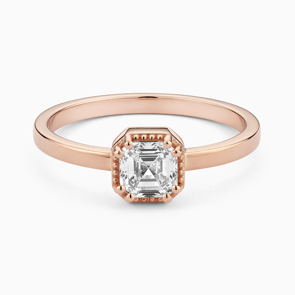 Face view of Ecksand's Asscher Diamond Stackable Ring with Milgrain Halo in 18k Rose Gold, Lab-grown VS2+/F+