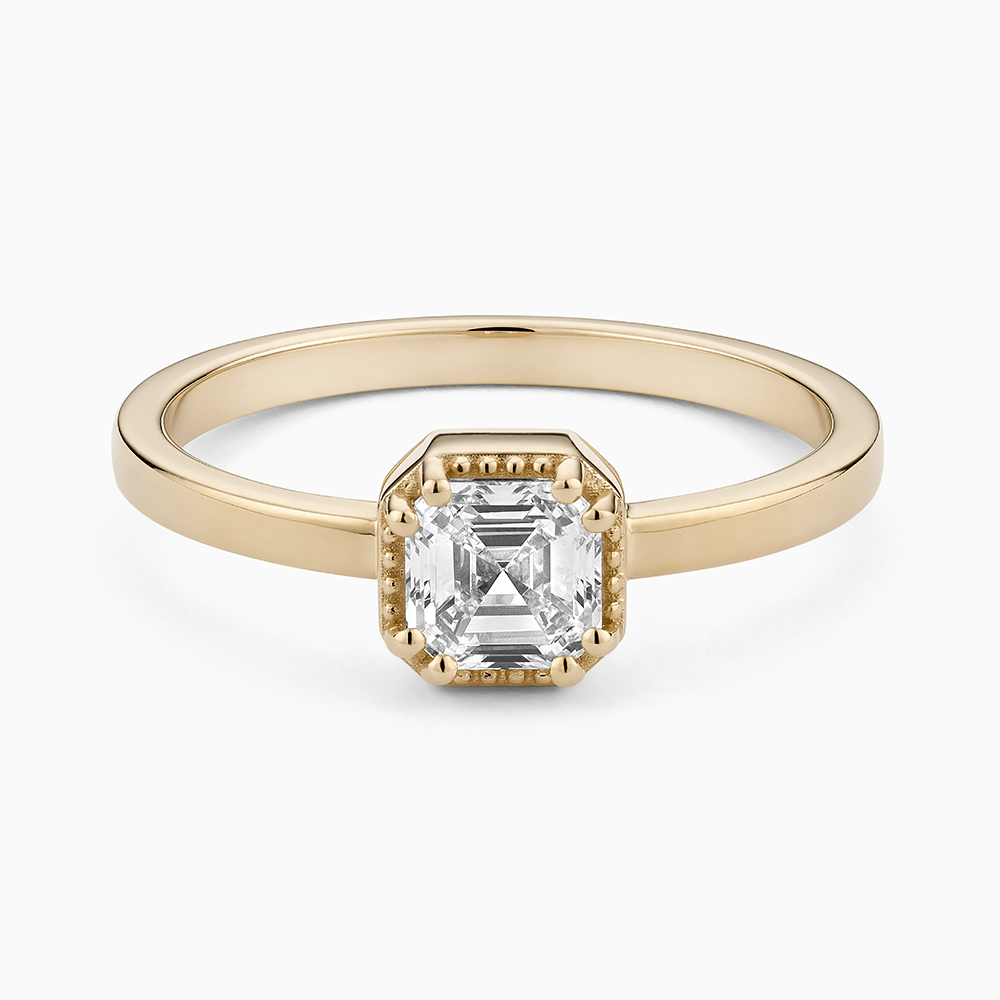 Face view of Ecksand's Asscher Diamond Stackable Ring with Milgrain Halo in 18k Yellow Gold, Lab-grown VS2+/F+