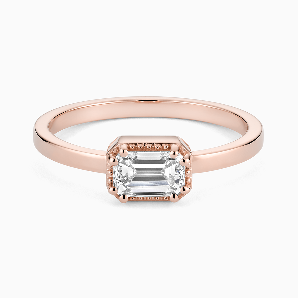 Face view of Ecksand's Emerald Diamond Stackable Ring with Milgrain Halo in 18k Rose Gold, Lab-grown VS2+/F+