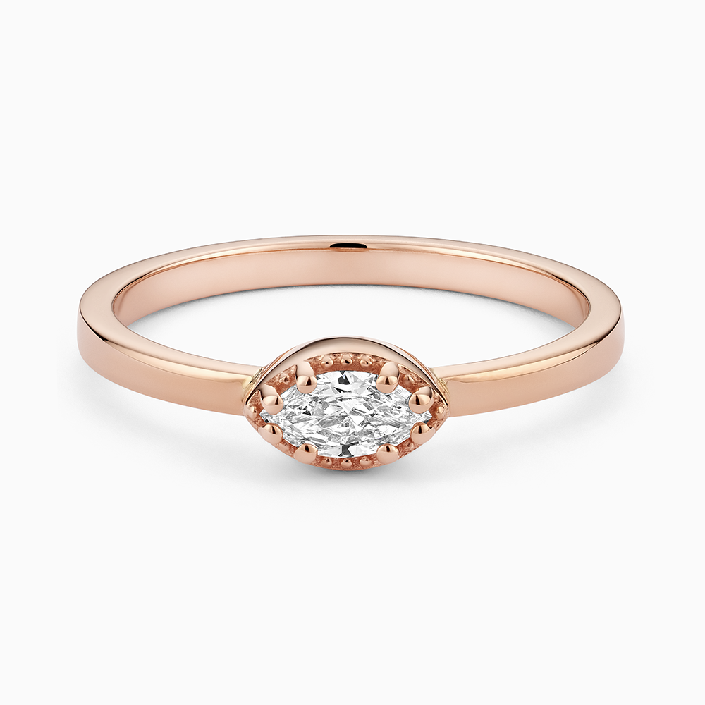 Face view of Ecksand's Marquise Diamond Stackable Ring with Milgrain Halo in 18k Rose Gold, Lab-grown VS2+/F+