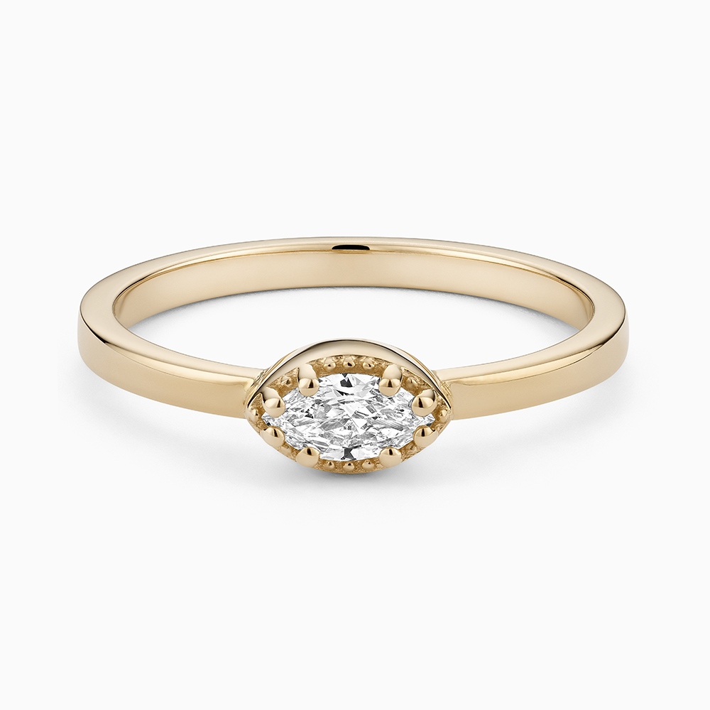 Face view of Ecksand's Marquise Diamond Stackable Ring with Milgrain Halo in 18k Yellow Gold, Lab-grown VS2+/F+